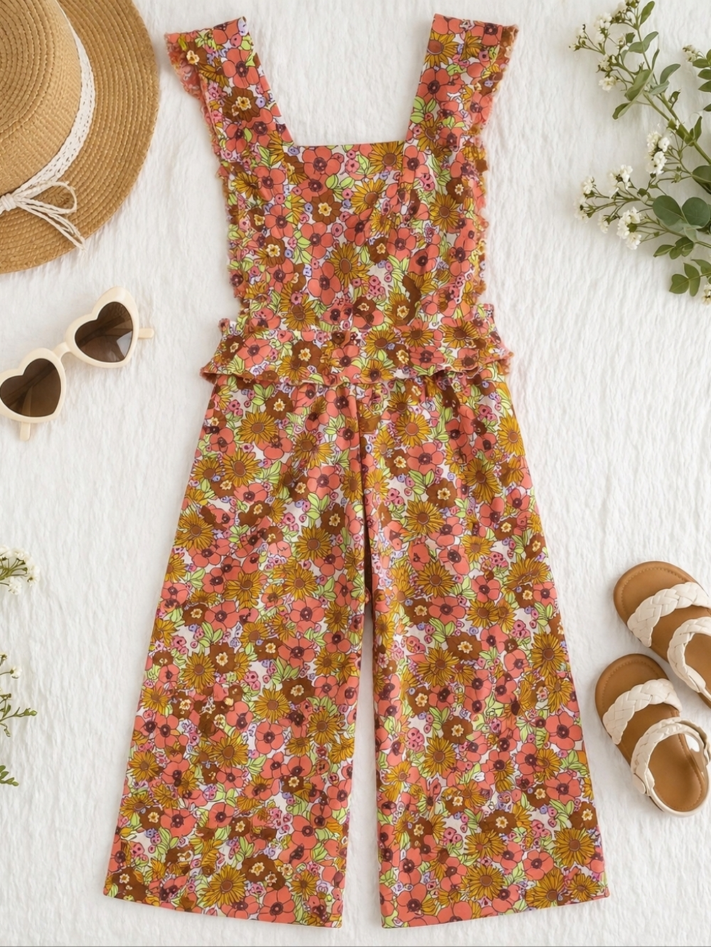 Wonder Nation Floral Overalls Wide Leg Ruffle Retro Girls Size 5T Pink